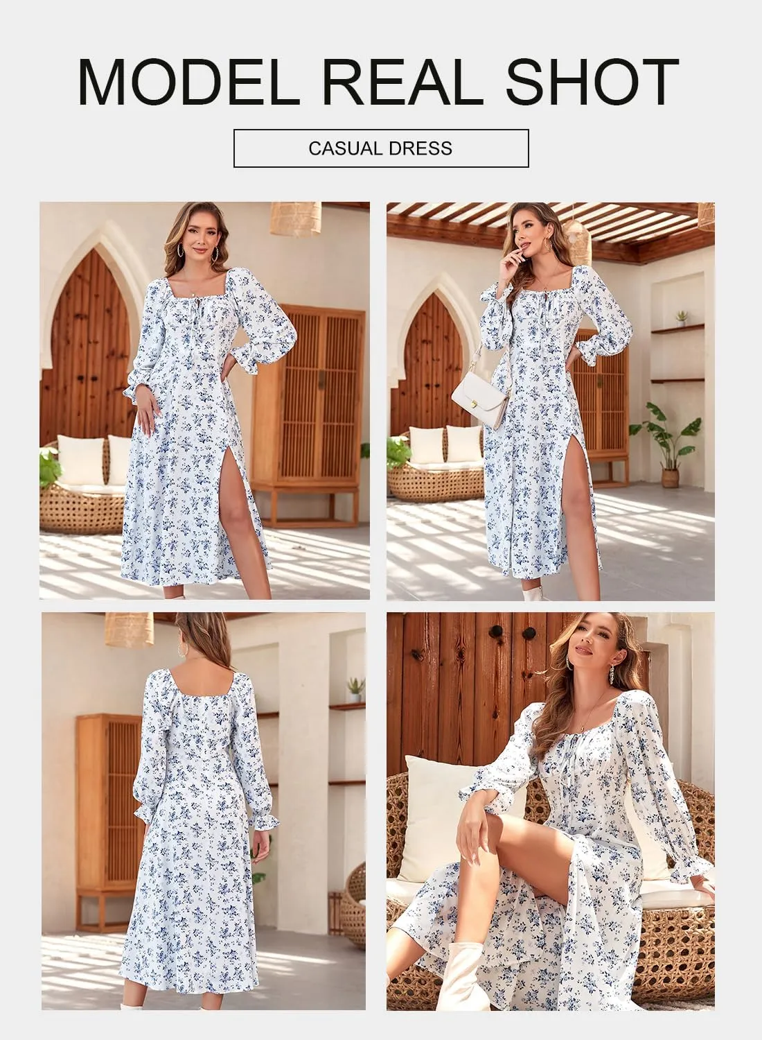 BLENCOT Womens Casual Square Neck Long Sleeve Boho Floral Midi Dress Print Side Split Dresses