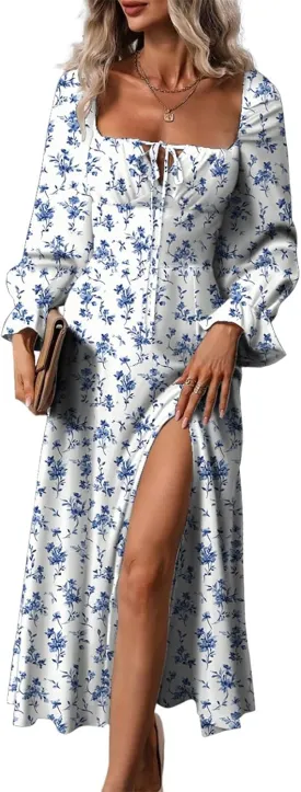 BLENCOT Womens Casual Square Neck Long Sleeve Boho Floral Midi Dress Print Side Split Dresses