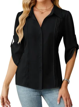 Blooming Jelly Womens Button Down Shirt 3/4 Sleeve Collared Pleated Business Casual Tops Ladies Trendy Summer Work Blouse