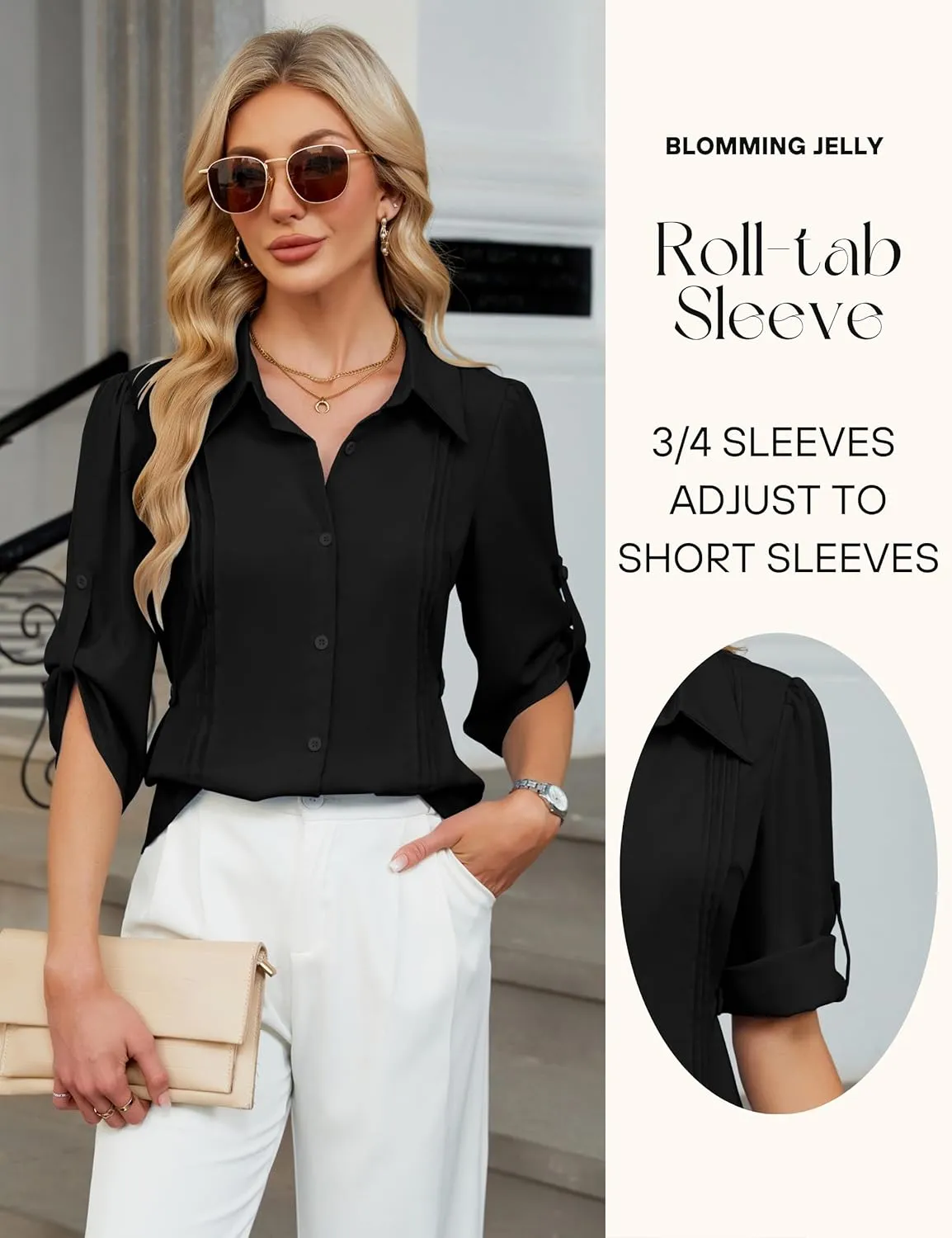 Blooming Jelly Womens Button Down Shirt 3/4 Sleeve Collared Pleated Business Casual Tops Ladies Trendy Summer Work Blouse