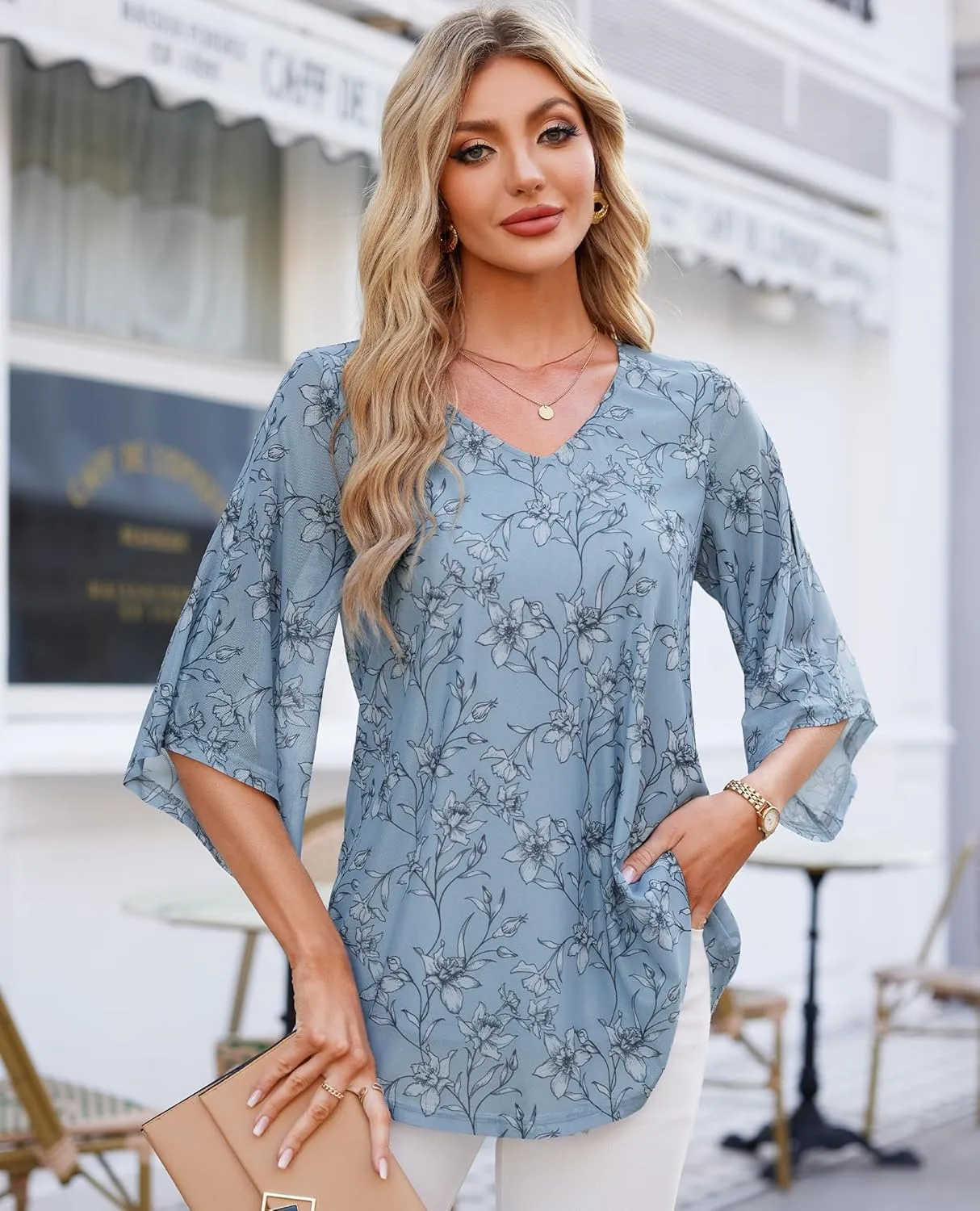 Blouse for Women Dressy Casual Summer Chiffon 3/4 Sleeve Tops Business Work Shirts Double Layered Tunic Evening Party