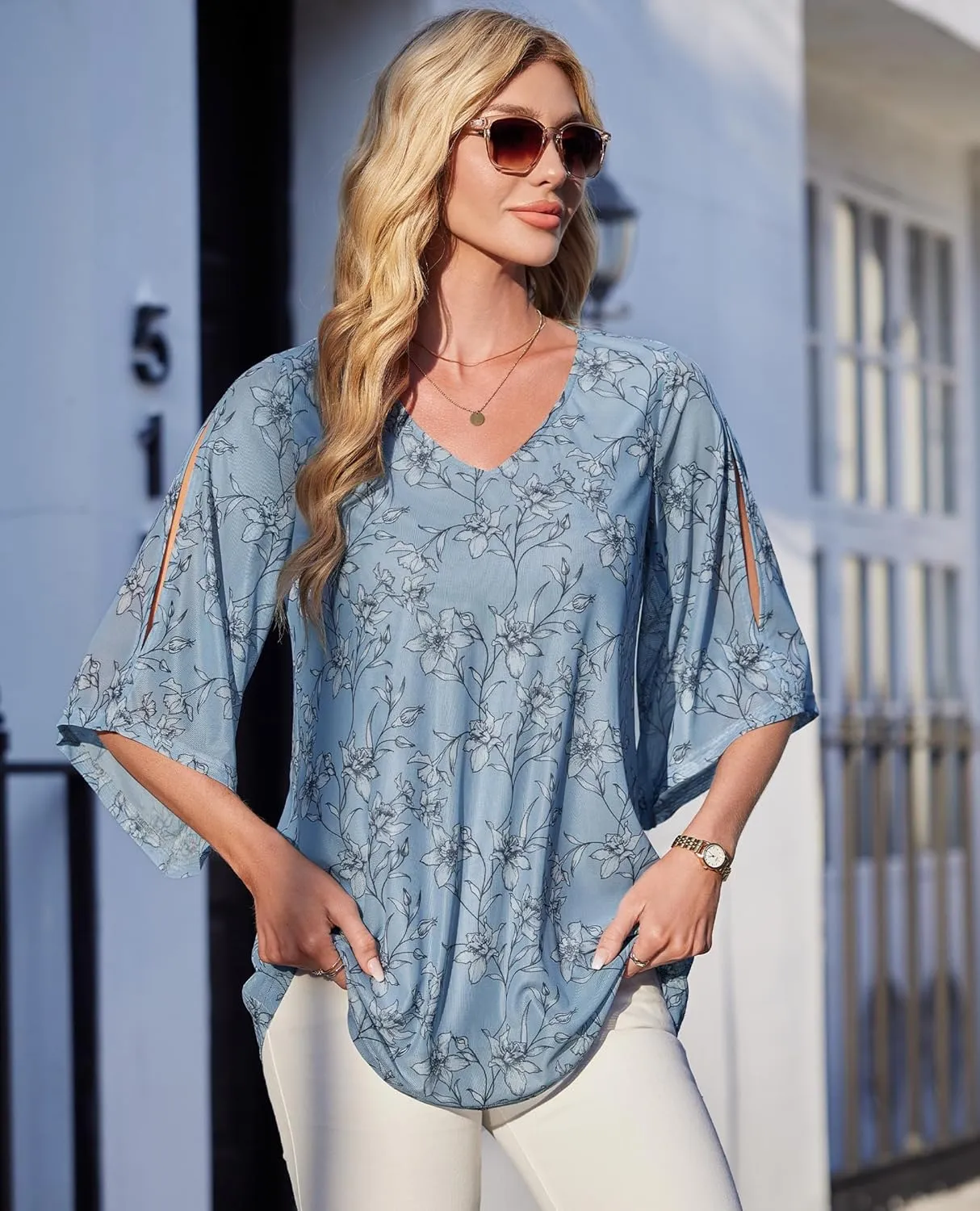 Blouse for Women Dressy Casual Summer Chiffon 3/4 Sleeve Tops Business Work Shirts Double Layered Tunic Evening Party