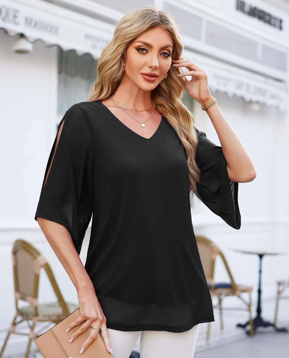 Blouse for Women Dressy Casual Summer Chiffon 3/4 Sleeve Tops Business Work Shirts Double Layered Tunic Evening Party