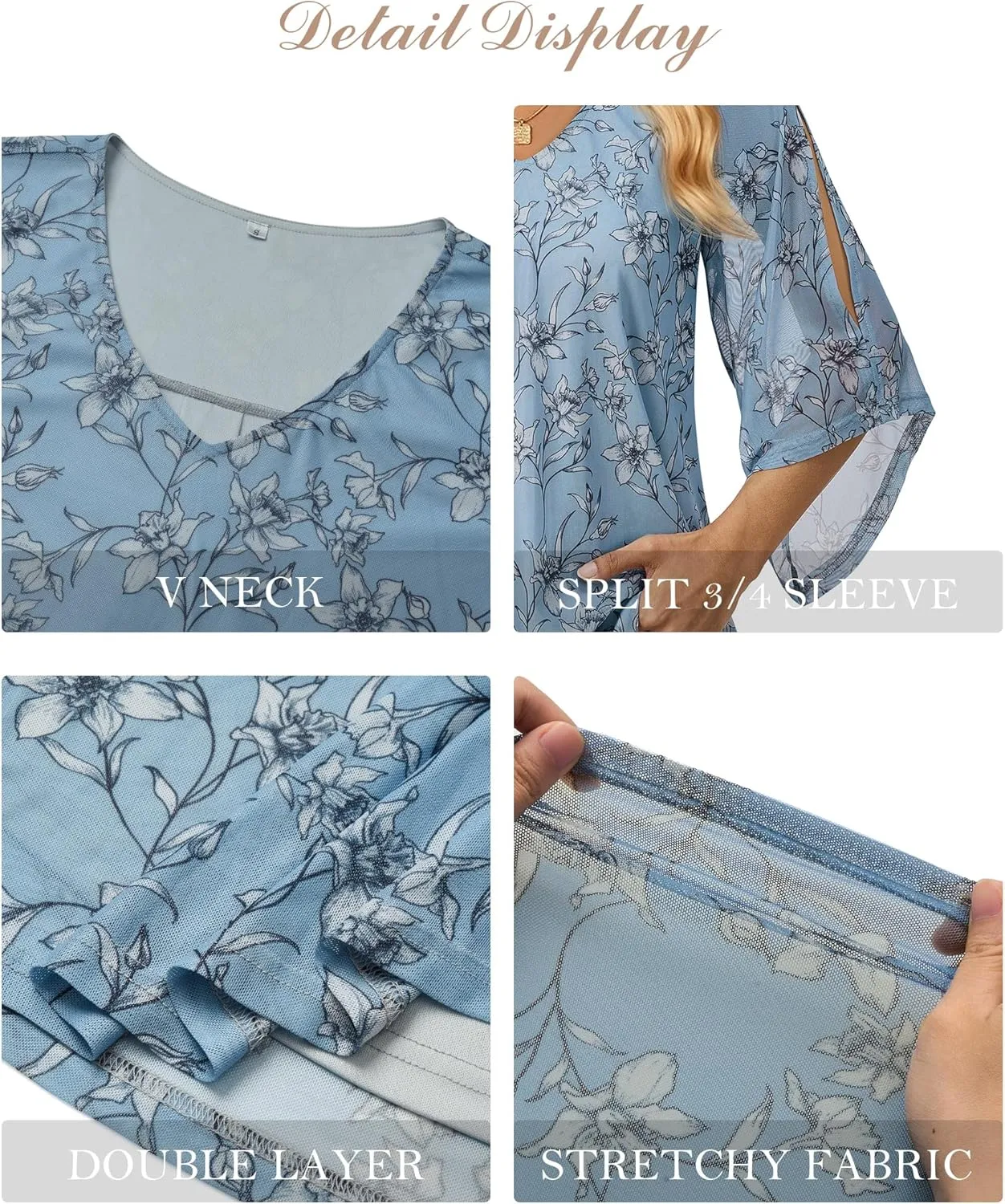 Blouse for Women Dressy Casual Summer Chiffon 3/4 Sleeve Tops Business Work Shirts Double Layered Tunic Evening Party
