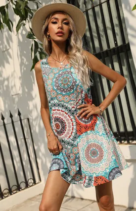 Blue Zone Planet |  Printed Vest Round Neck Loose Slim Dress
