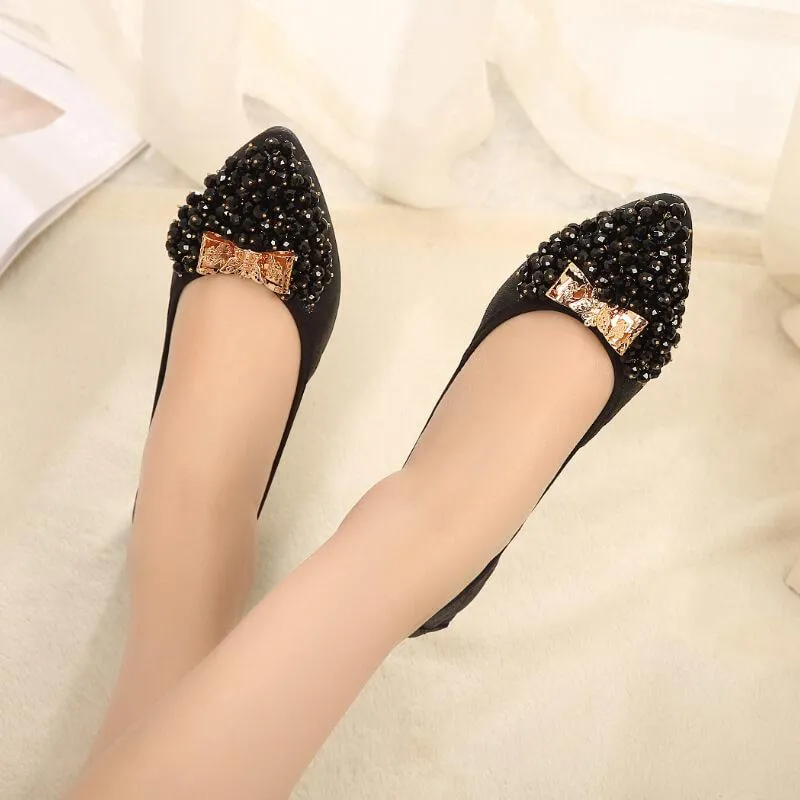 Bow Pointed Close Toe Oxford Rhinestone Flats