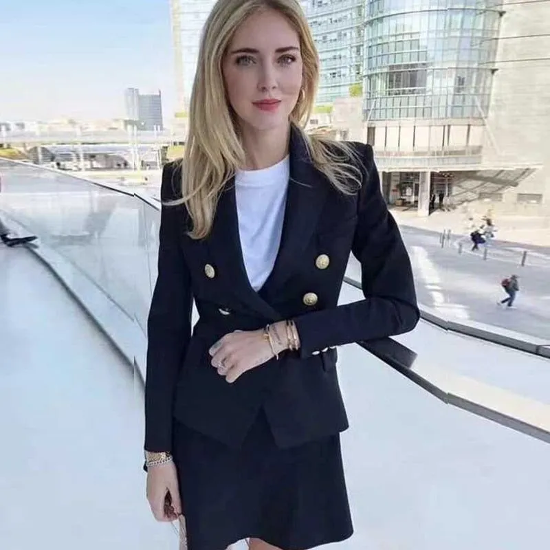 Brown Women's Blazer Formal Double Breasted Buttons Blazer High Quality