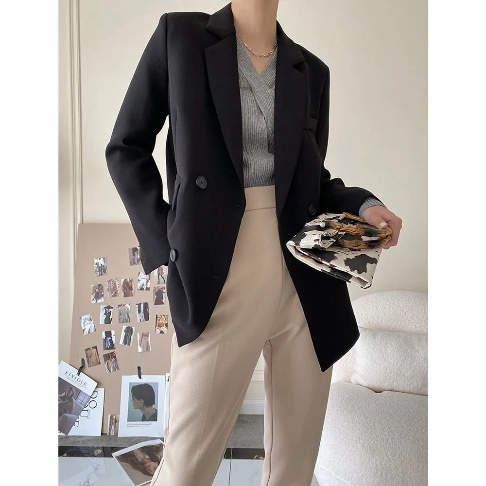 Brown Women's Blazer Formal Double Breasted Buttons Blazer High Quality