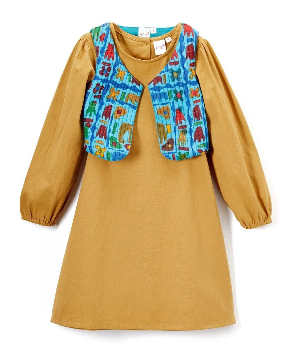 Camel Shift Dress and Blue Quilted Abstract Animal Vest - 2pc.Set