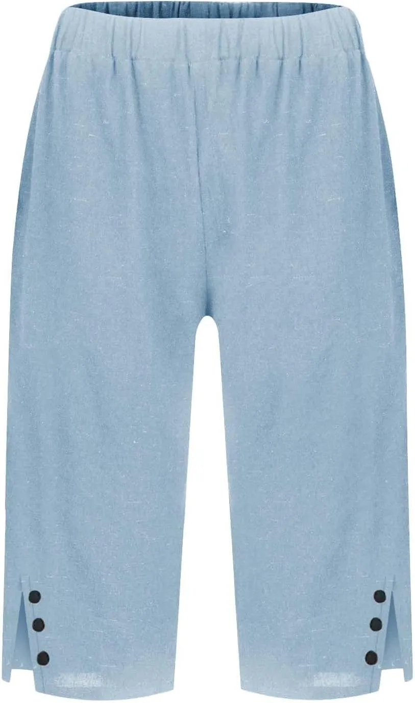 Capris for Women,Womens Capris Linen Pants with Pockets Cotton Trousers for Women Ladies Summer Loose Slacks