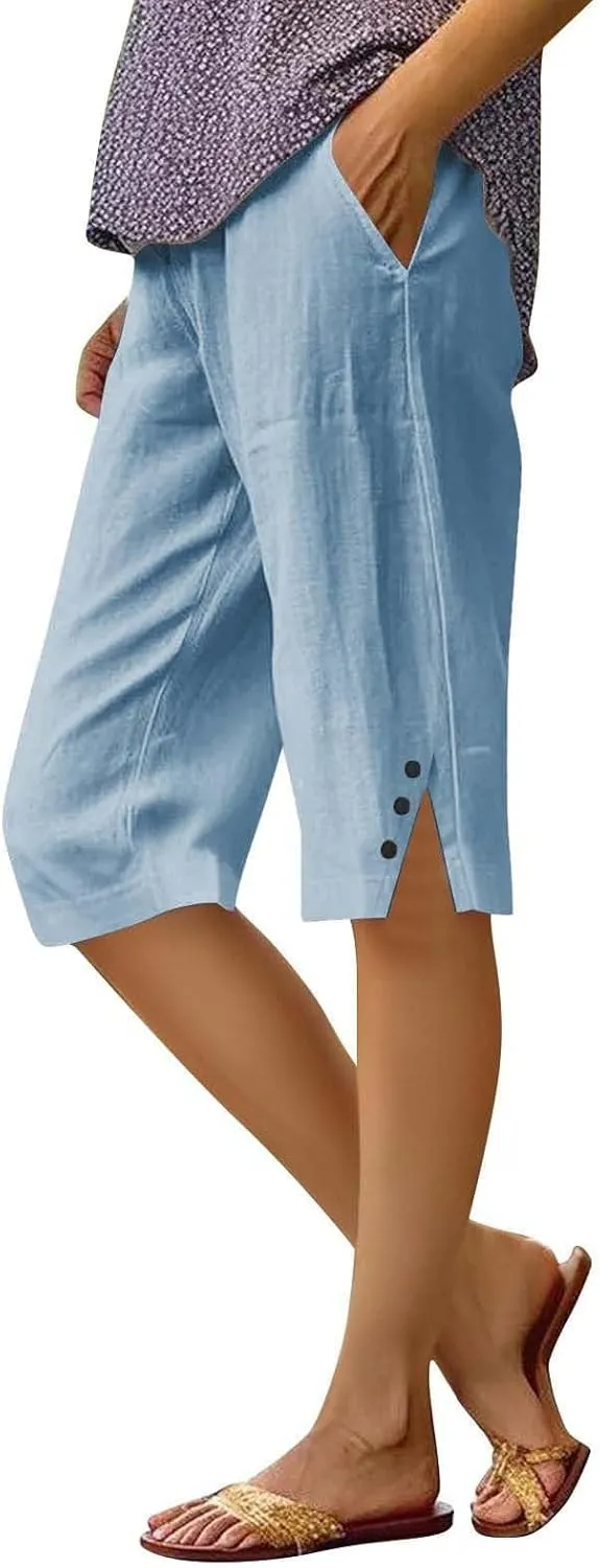 Capris for Women,Womens Capris Linen Pants with Pockets Cotton Trousers for Women Ladies Summer Loose Slacks