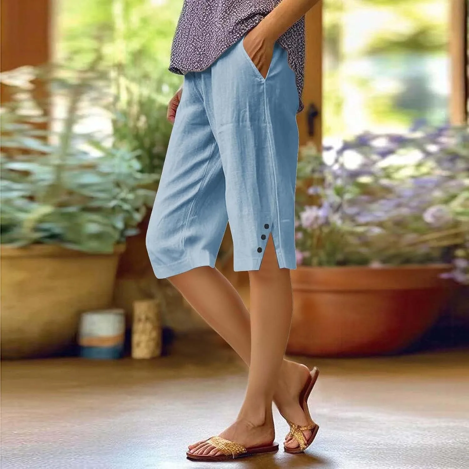 Capris for Women,Womens Capris Linen Pants with Pockets Cotton Trousers for Women Ladies Summer Loose Slacks