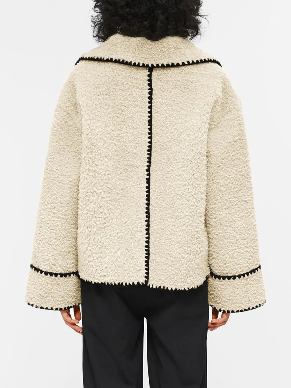 Cicy Bell Womens Sherpa Fleece Jacket Casual Collar V Neck Fuzzy Coats Contrast Trims Open Front Winter Outwear