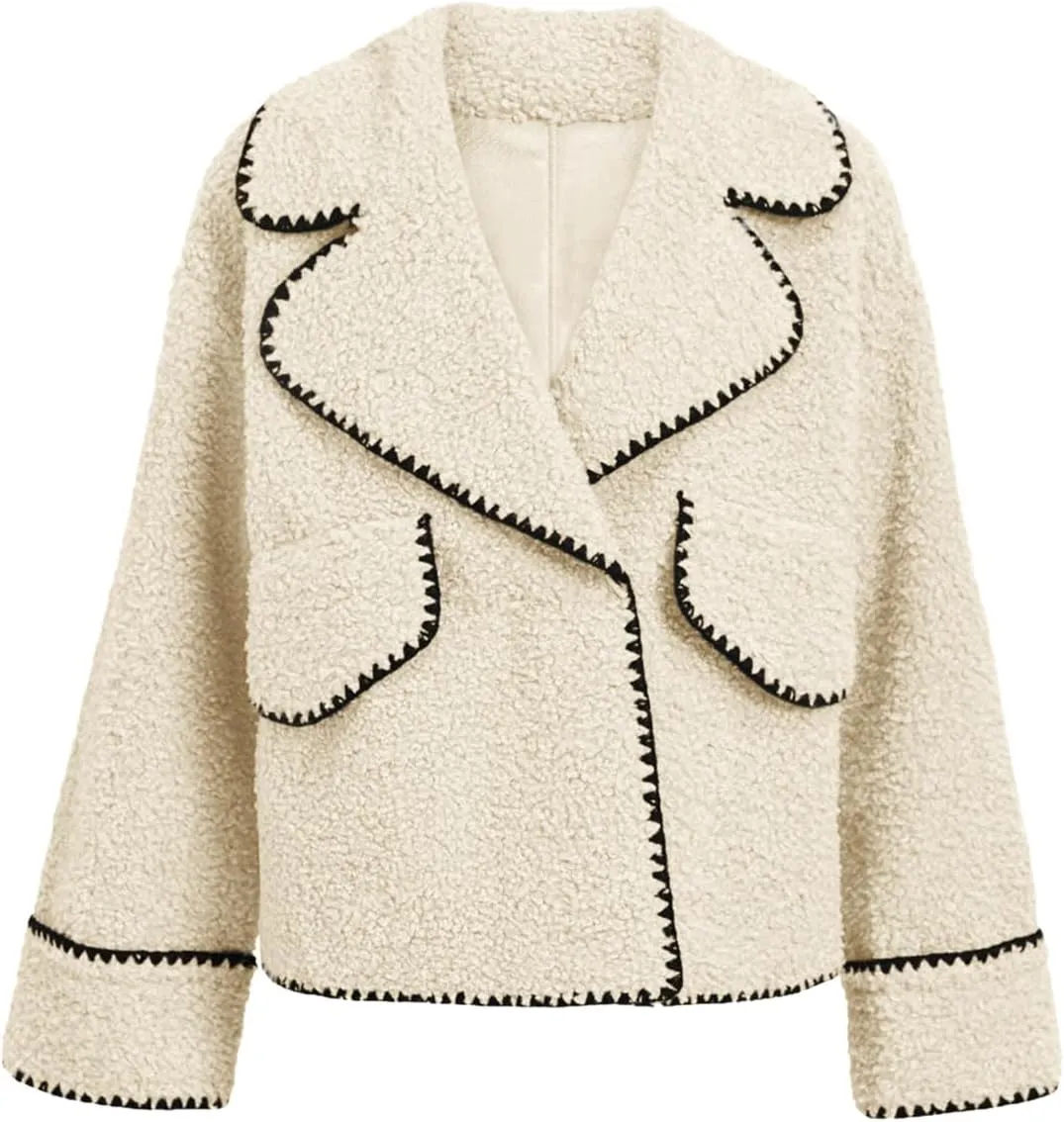 Cicy Bell Womens Sherpa Fleece Jacket Casual Collar V Neck Fuzzy Coats Contrast Trims Open Front Winter Outwear