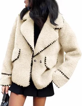 Cicy Bell Womens Sherpa Fleece Jacket Casual Collar V Neck Fuzzy Coats Contrast Trims Open Front Winter Outwear