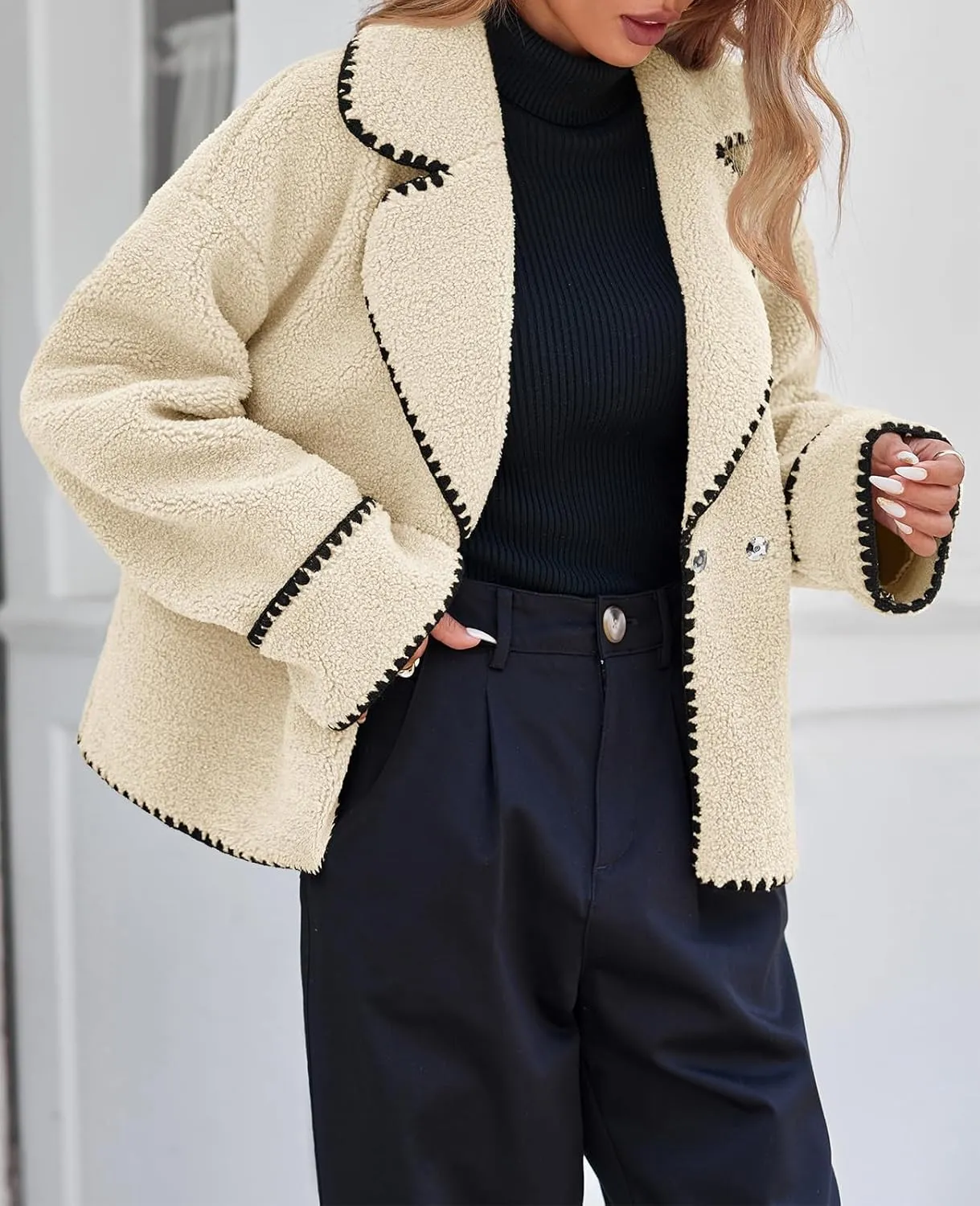 Cicy Bell Womens Sherpa Fleece Jacket Casual Collar V Neck Fuzzy Coats Contrast Trims Open Front Winter Outwear