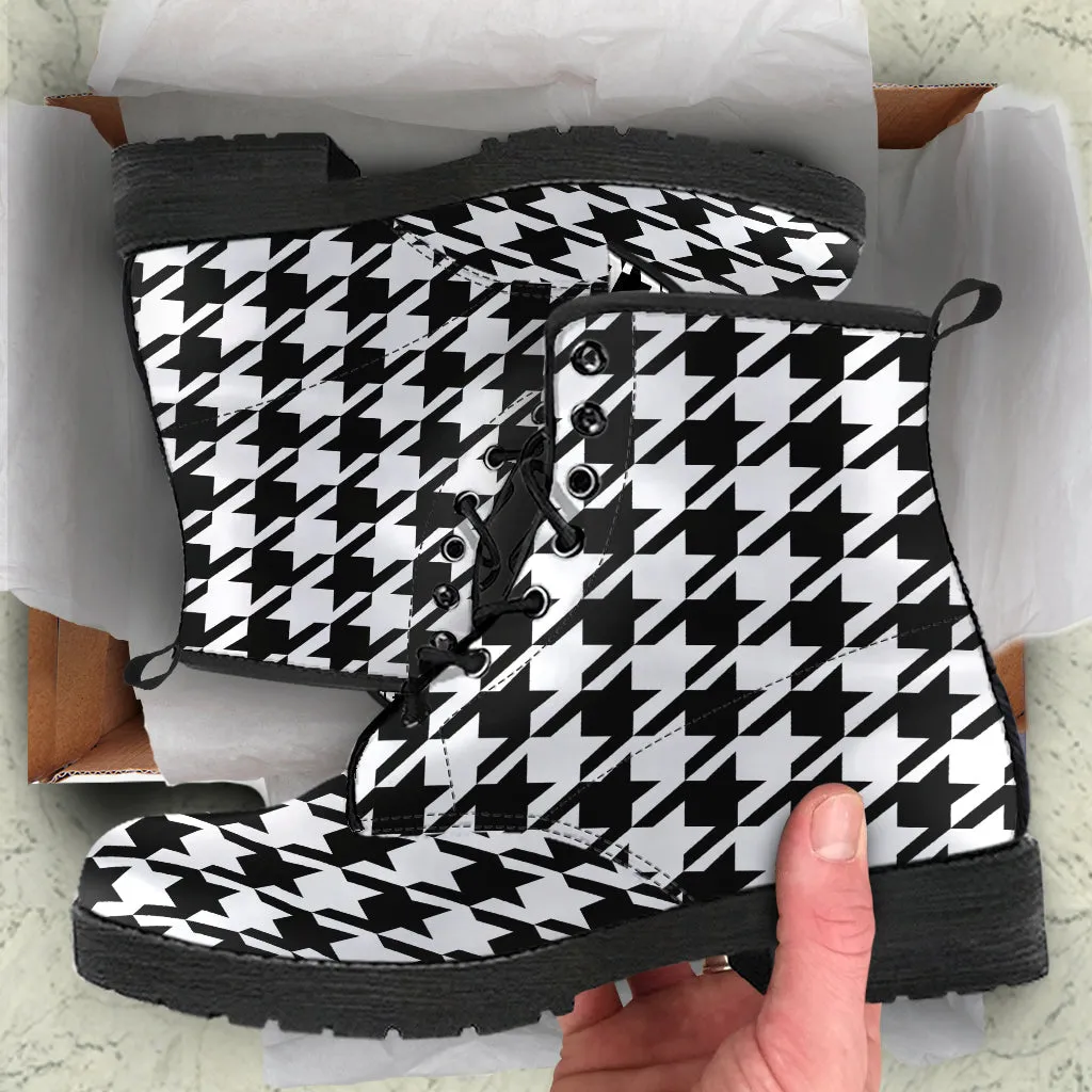 Combat Boots - Classic Black & White Houndstooth | Fashion Combat Boots, Vegan Leather Boots, Custom Shoes, Custom Boots, Cool Shoes