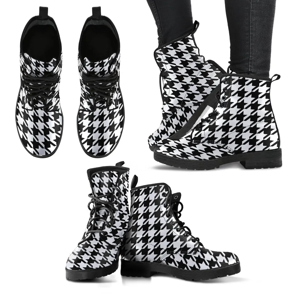 Combat Boots - Classic Black & White Houndstooth | Fashion Combat Boots, Vegan Leather Boots, Custom Shoes, Custom Boots, Cool Shoes