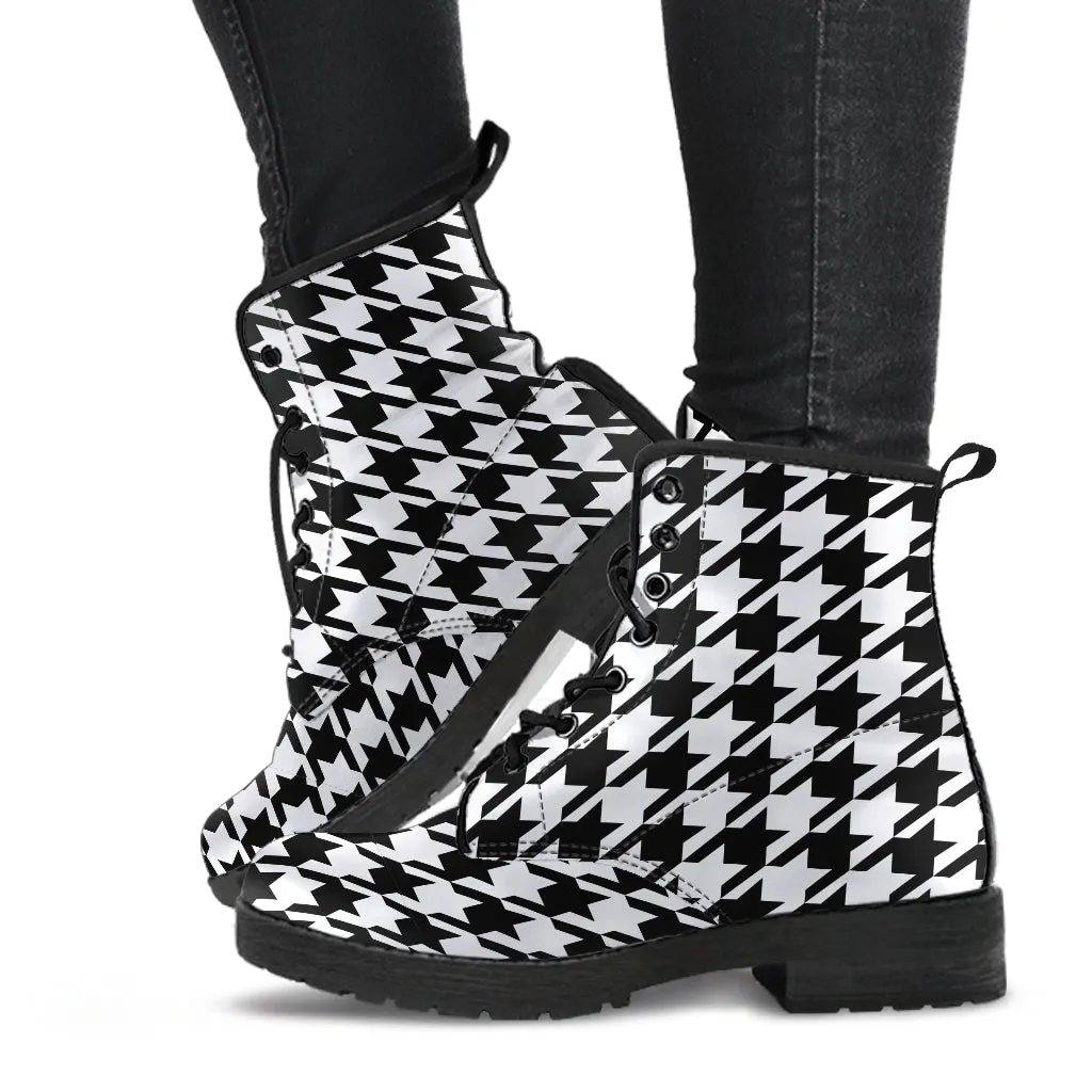 Combat Boots - Classic Black & White Houndstooth | Fashion Combat Boots, Vegan Leather Boots, Custom Shoes, Custom Boots, Cool Shoes