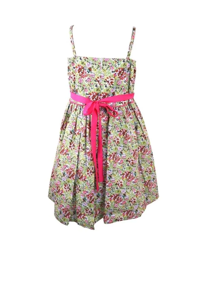 Dress Adjustable Strap Sipit Piping Shirring And Lining Floral Printed - Green/Pink