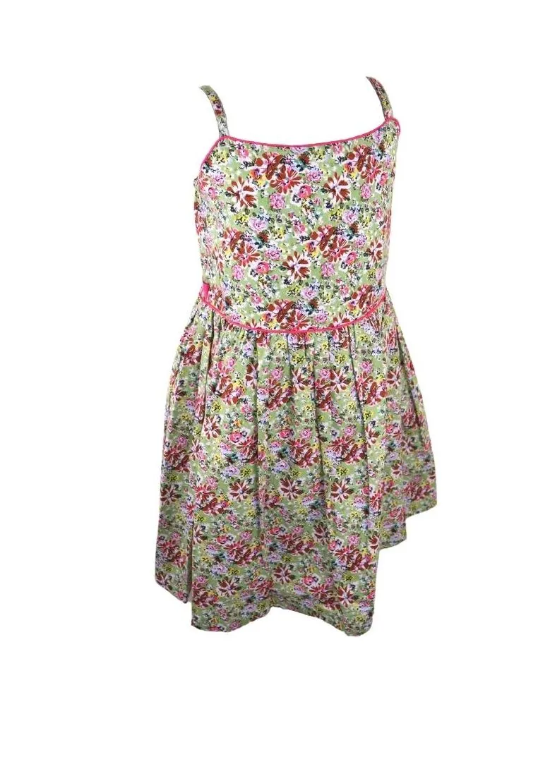 Dress Adjustable Strap Sipit Piping Shirring And Lining Floral Printed - Green/Pink