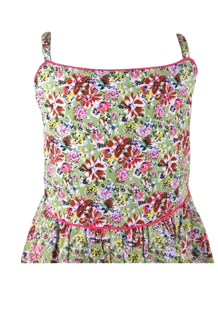Dress Adjustable Strap Sipit Piping Shirring And Lining Floral Printed - Green/Pink