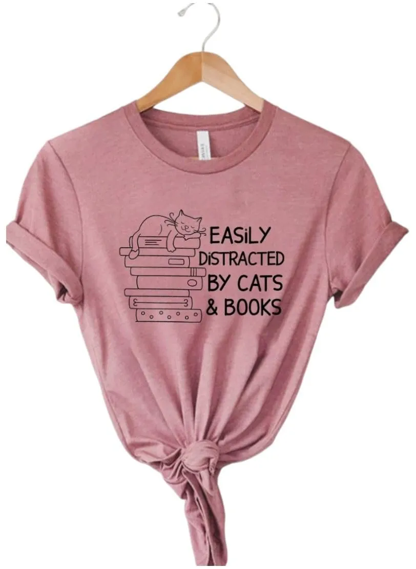 Easily Distracted By Cats And Books Shirt, Book Lover Gift, Funny Cat Shirt, Cat Lover Shirt, Cat Lover Gift, Reader T-Shirt, Cats and Books