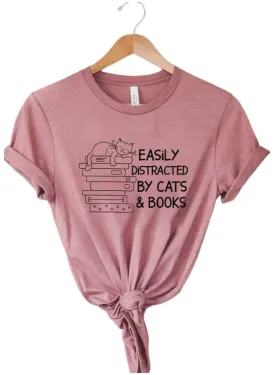 Easily Distracted By Cats And Books Shirt, Book Lover Gift, Funny Cat Shirt, Cat Lover Shirt, Cat Lover Gift, Reader T-Shirt, Cats and Books