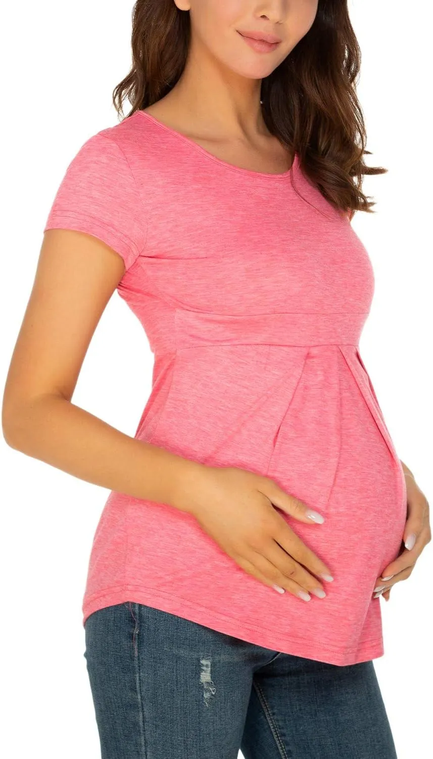 Ecavus Womens Maternity Shirts 3-Pack Short Sleeve Tops Empire Waist Pleated Front Maternity Clothes for Work and Casual