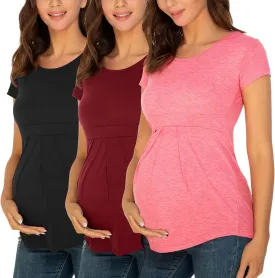 Ecavus Womens Maternity Shirts 3-Pack Short Sleeve Tops Empire Waist Pleated Front Maternity Clothes for Work and Casual