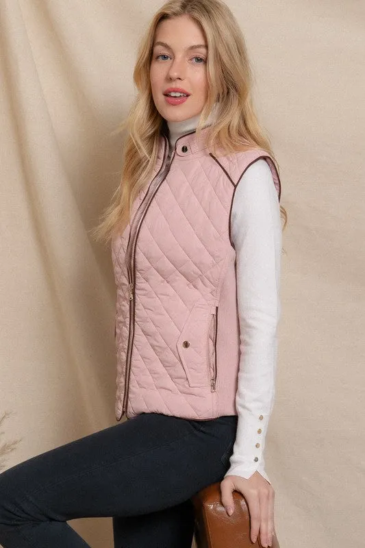 ELYSIA SUEDE PIPING DETAIL RIB QUILTED PADDING VEST S-2XL