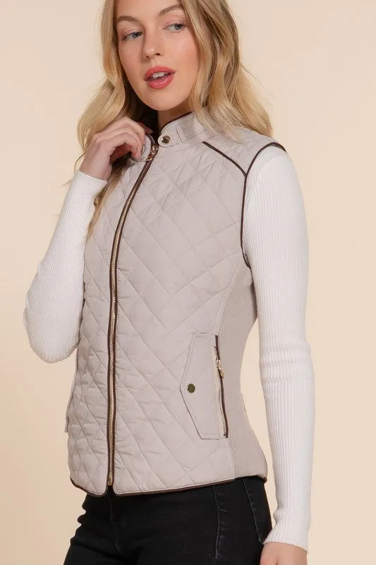 ELYSIA SUEDE PIPING DETAIL RIB QUILTED PADDING VEST S-2XL