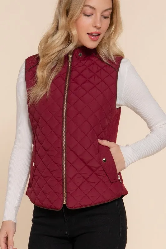 ELYSIA SUEDE PIPING DETAIL RIB QUILTED PADDING VEST S-2XL