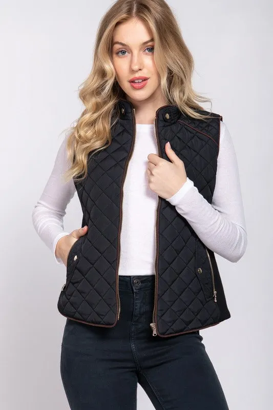 ELYSIA SUEDE PIPING DETAIL RIB QUILTED PADDING VEST S-2XL