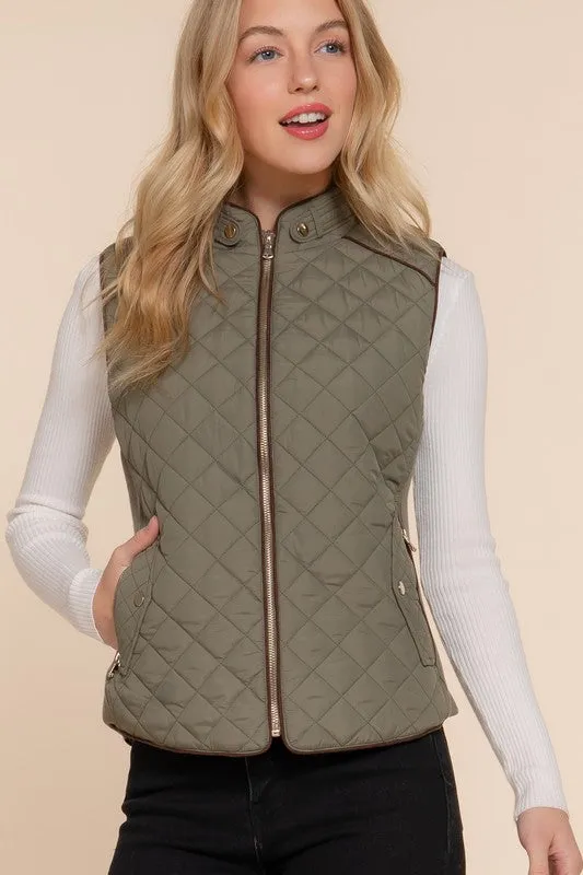ELYSIA SUEDE PIPING DETAIL RIB QUILTED PADDING VEST S-2XL