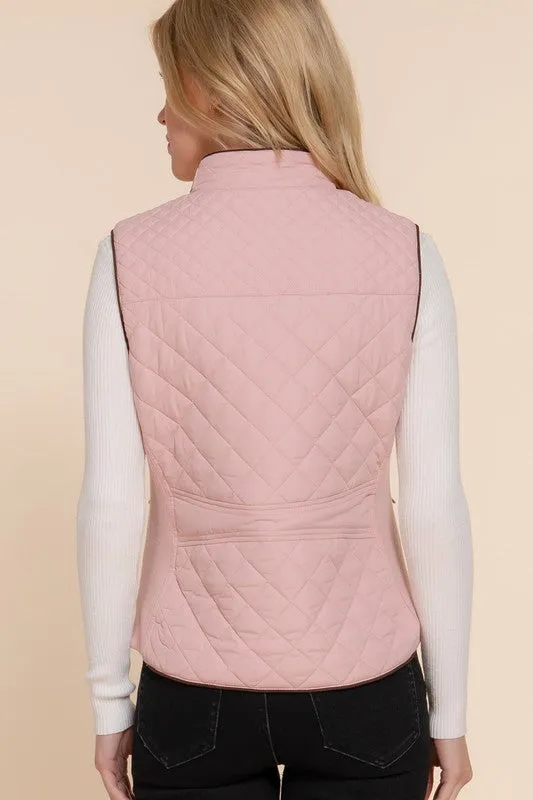 ELYSIA SUEDE PIPING DETAIL RIB QUILTED PADDING VEST S-2XL