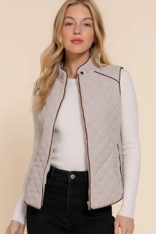 ELYSIA SUEDE PIPING DETAIL RIB QUILTED PADDING VEST S-2XL