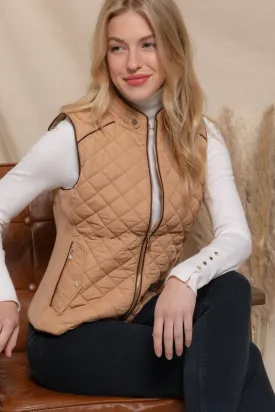 ELYSIA SUEDE PIPING DETAIL RIB QUILTED PADDING VEST S-2XL