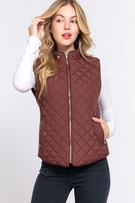 ELYSIA SUEDE PIPING DETAIL RIB QUILTED PADDING VEST S-2XL