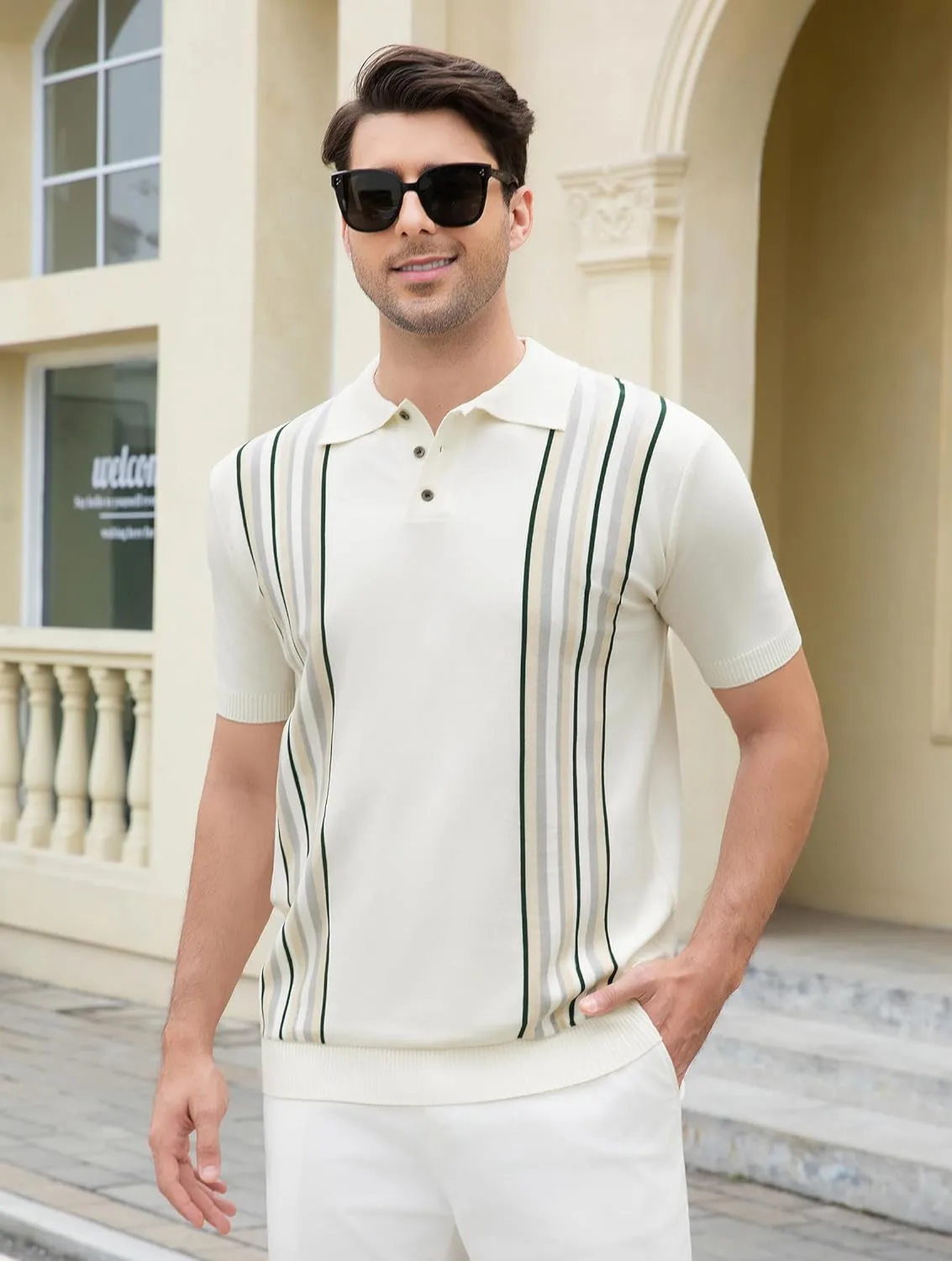 Esabel.C Mens Polo Shirts Short Sleeve Striped Casual Fashion Knit Golf Shirt Regular Fit