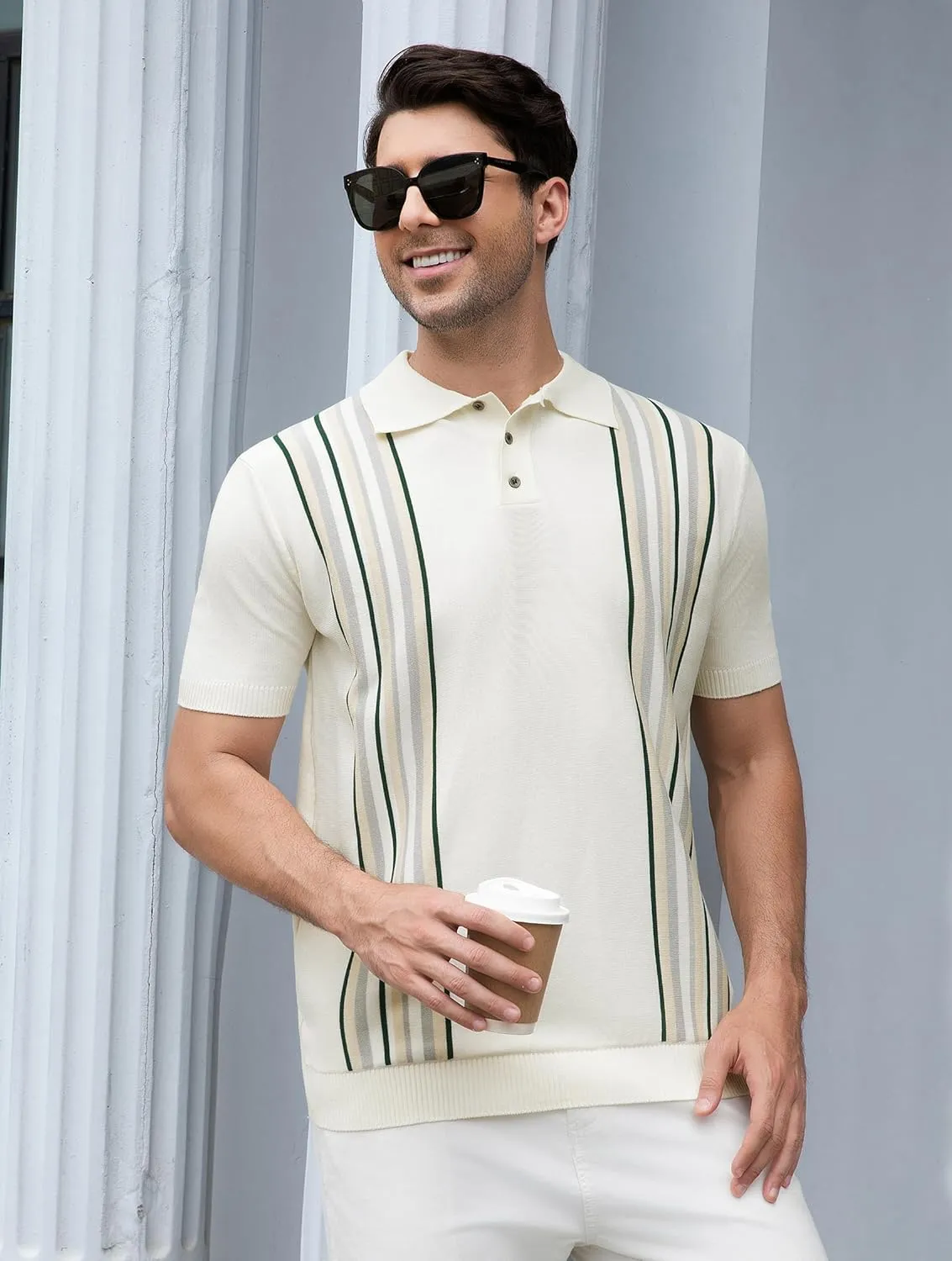 Esabel.C Mens Polo Shirts Short Sleeve Striped Casual Fashion Knit Golf Shirt Regular Fit