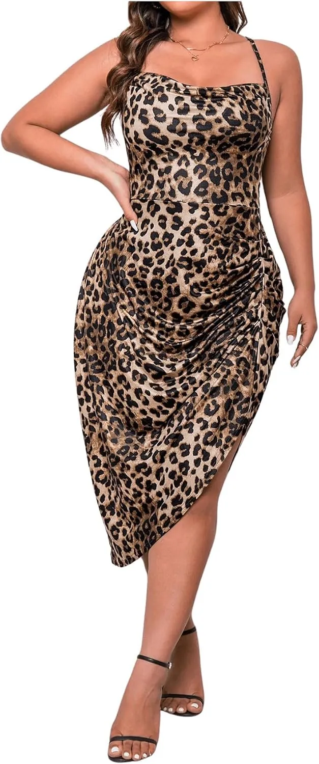 Floerns Women's Plus Size Cheetah Criss Cross Cami Dress Asymmetrical Hem Draped Ruched Midi Dresses