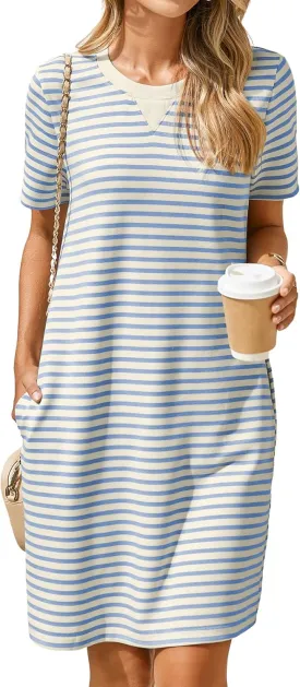 Glamaker Women Summer Tshirt Shift Dress Casual Striped Short Sleeve Crew Neck Knee Length Comfy Dress with Pockets