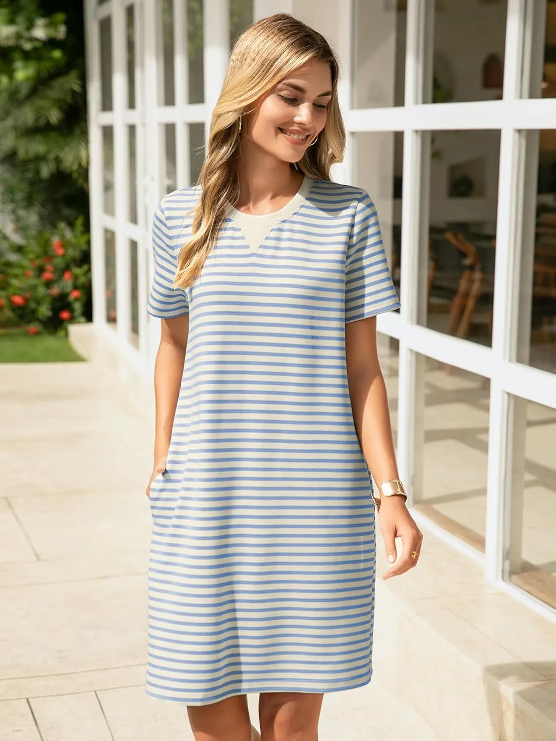 Glamaker Women Summer Tshirt Shift Dress Casual Striped Short Sleeve Crew Neck Knee Length Comfy Dress with Pockets