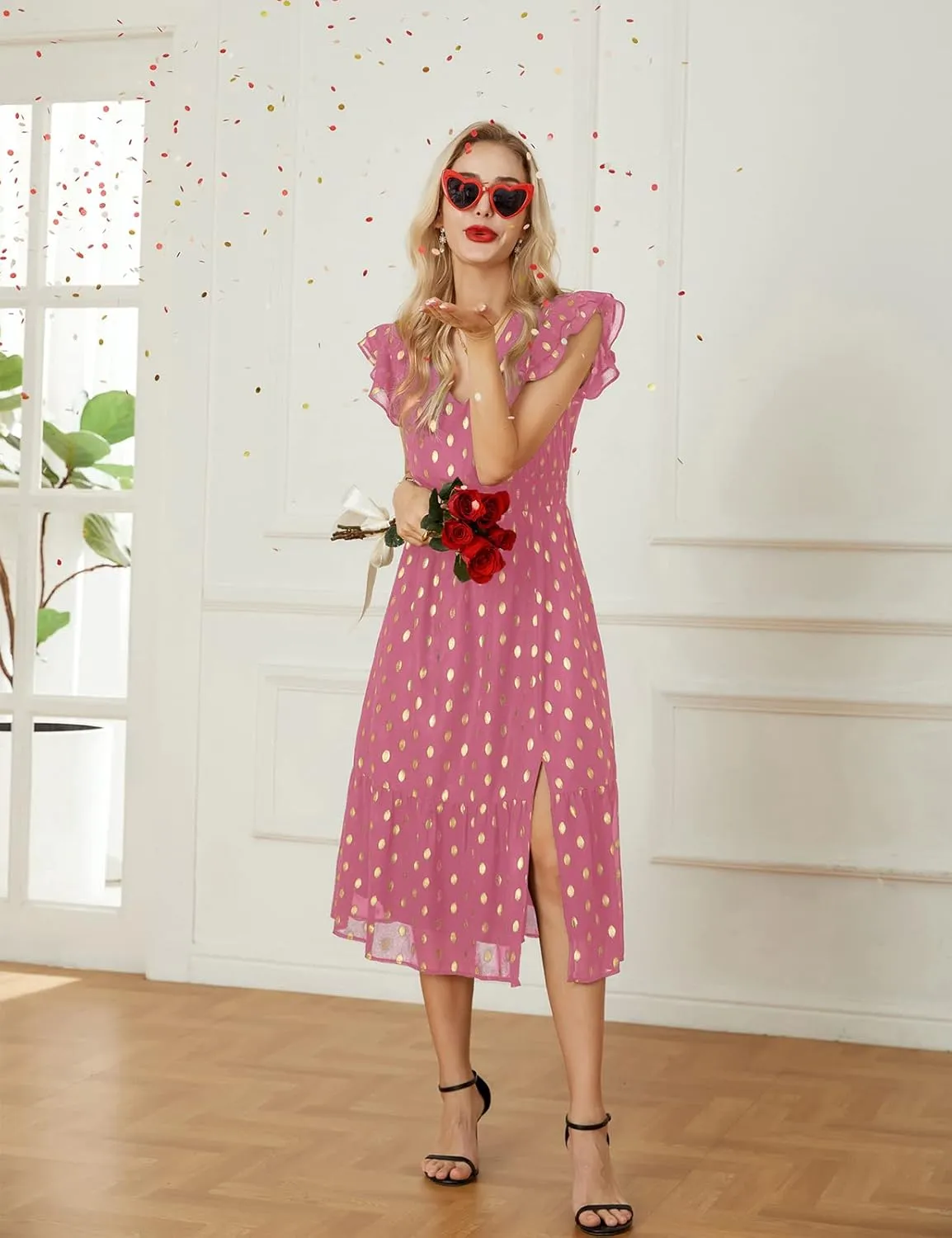 GRACE KARIN Women's V Neck Ruffle Sleeve Summer Dress 2025 Split Flowy Tiered Midi Dress Wedding Guest Cocktail Dresses