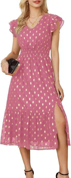 GRACE KARIN Women's V Neck Ruffle Sleeve Summer Dress 2025 Split Flowy Tiered Midi Dress Wedding Guest Cocktail Dresses