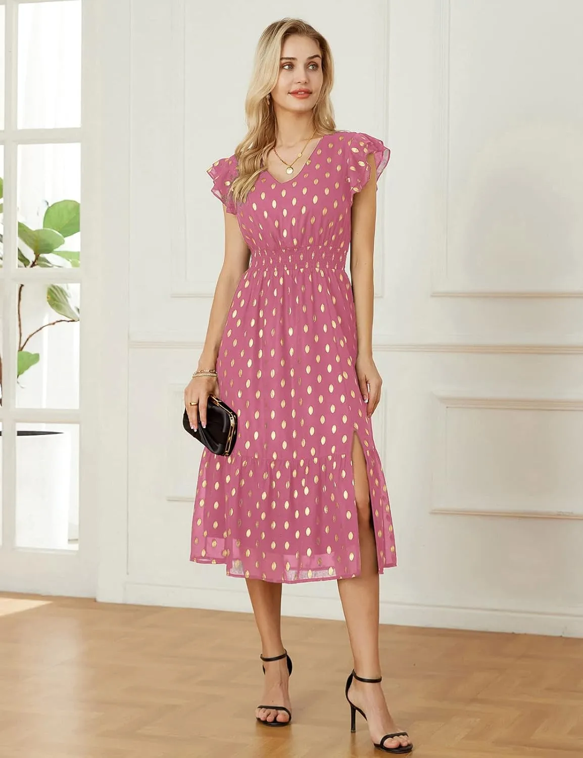 GRACE KARIN Women's V Neck Ruffle Sleeve Summer Dress 2025 Split Flowy Tiered Midi Dress Wedding Guest Cocktail Dresses