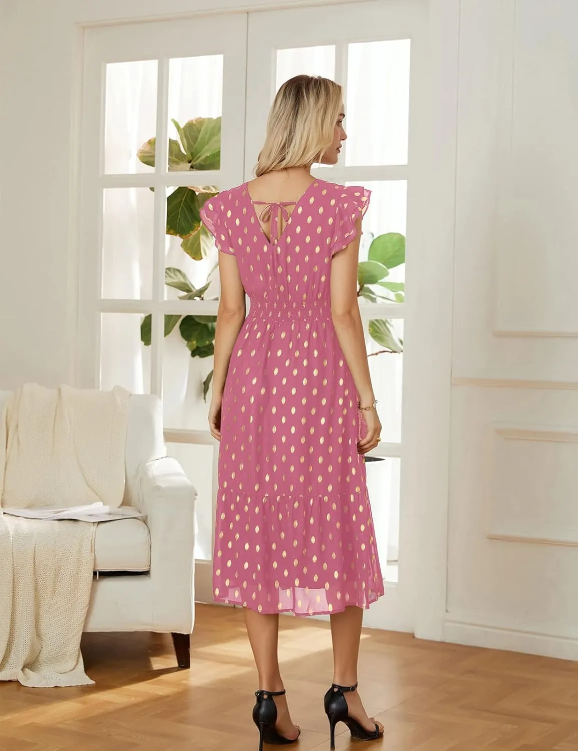 GRACE KARIN Women's V Neck Ruffle Sleeve Summer Dress 2025 Split Flowy Tiered Midi Dress Wedding Guest Cocktail Dresses