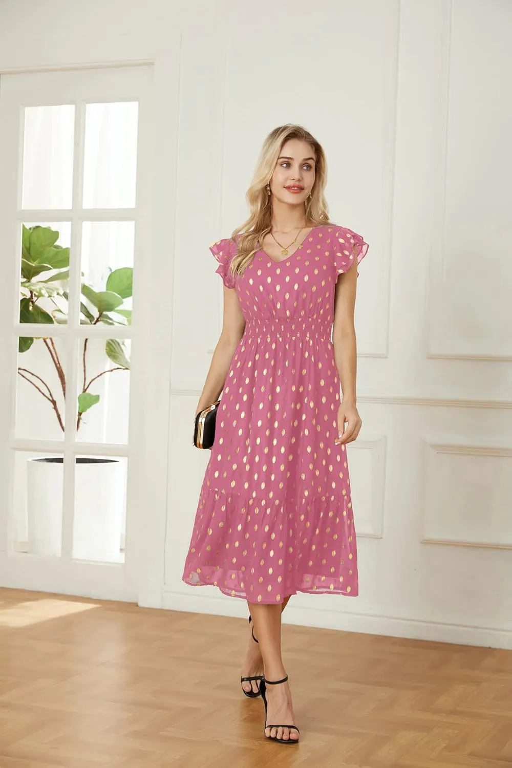 GRACE KARIN Women's V Neck Ruffle Sleeve Summer Dress 2025 Split Flowy Tiered Midi Dress Wedding Guest Cocktail Dresses