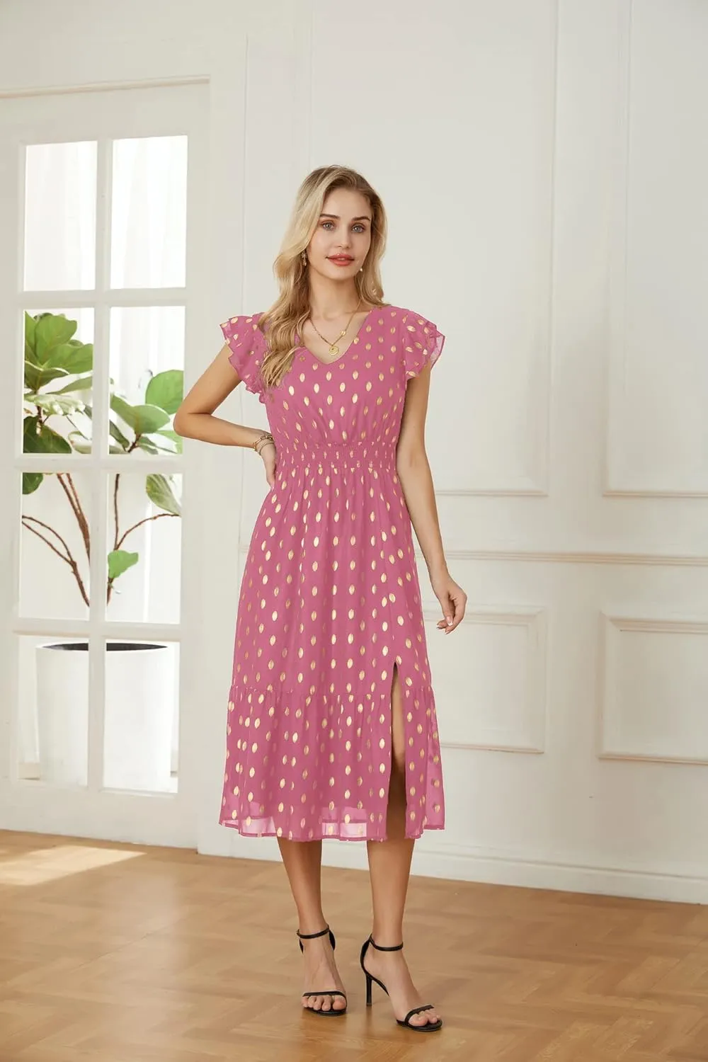GRACE KARIN Women's V Neck Ruffle Sleeve Summer Dress 2025 Split Flowy Tiered Midi Dress Wedding Guest Cocktail Dresses